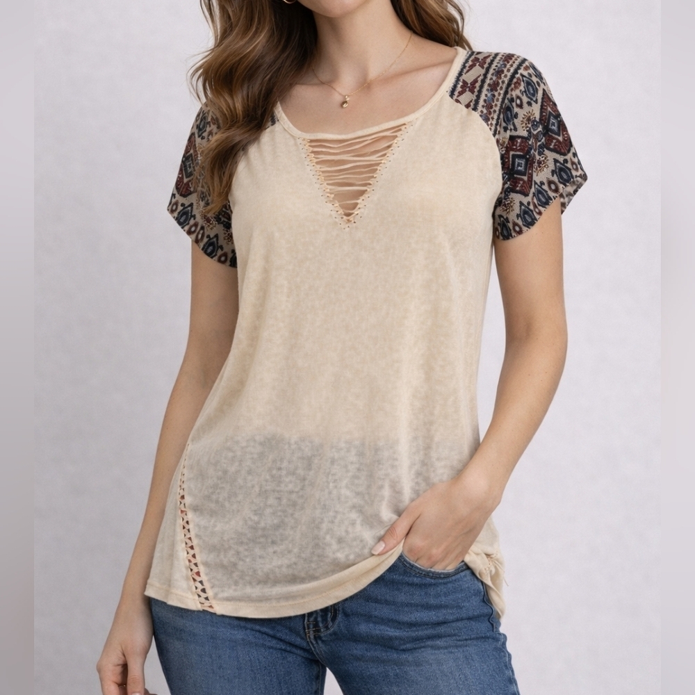 MISS ME Aztec Southwestern Beaded V-Neck Short Sleeve Burnout Blouse - Picture 1 of 9